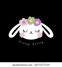 baby girl tee print design with cute bunny head and flower drawing