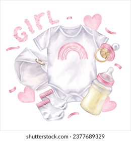 Baby girl things set. Vector illustration for shower party. Hand drawn clip art on white isolated background. Watercolor drawing of pink kids stuff. Sketch of bodysuit with pacifier and milk bottle