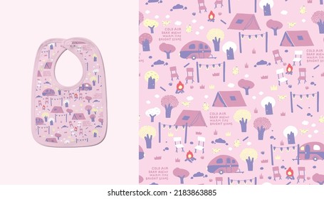 Baby Girl Toddler Pink Velcro fastening Bib Fashion Illustration. Vector Repeating Seamless Patterns of
Tent site with tent, motor  home,  bonfire, outdoor chair camping in the forest on Pastel Pink