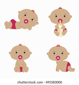 Baby girl toddler set with babies in pink diapers, lies baby, sitting baby, crawling baby, holding a bottle baby and happy baby. Vector cartoon character isolated on white background