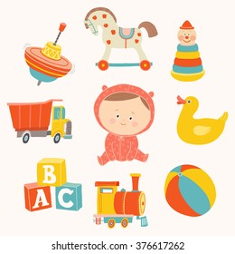 Baby girl with toys : ball, blocks, rubber duck, rocking horse, toy train, pyramid, spinning top, toy truck. Cartoon vector hand drawn eps 10 illustration isolated on white background.