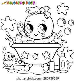 Baby girl in a tub  taking a bath. Vector black and white coloring page.