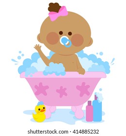 Baby girl in a tub taking a bubble bath. Vector illustration 