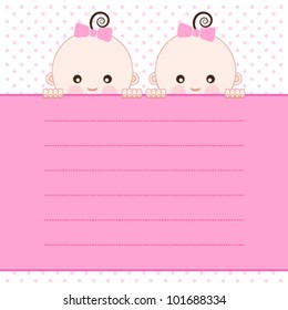 Baby girl twins announcement card. Vector illustration.