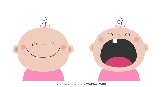 Baby girl twins smiling crying. Child toddler icon. Kid infant head with tooth. Cute cartoon kawaii funny character. Invitation, greeting card poster sticker print. Flat design White background Vector