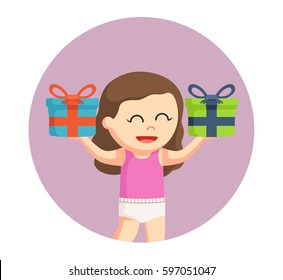 baby girl with two gift box in circle background