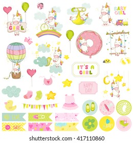 Baby Girl Unicorn Scrapbook Set. Vector Scrapbooking. Decorative Elements. Tags. Labels. Stickers. Notes.