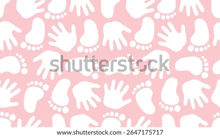 Baby girl vector seamless pattern with hand foot prints on pink background for baby textile, fabrics, baby shower gifts