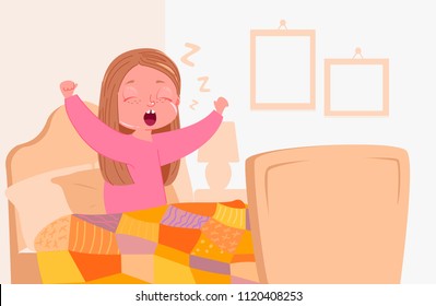 Baby girl wake up early in the morning in the bedroom in your bed. Vector cartoon illustration