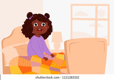 Baby girl wake up early in the morning in the bedroom in your bed. Vector cartoon illustration
