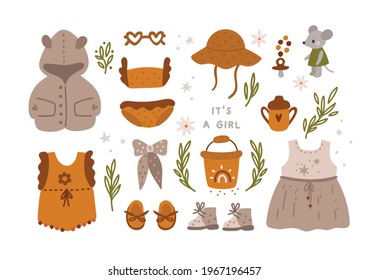 Baby girl wardrobe collection in boho style. Kids essentials things. Must haves for babies. Collection of children's clothing and toys for little girl. Childish vector illustration