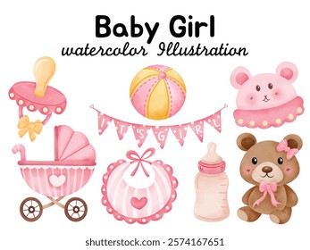 Baby Girl Watercolor Clipart Set - Pink Teddy Bear, Baby Stroller, Bib, Bottle, and Cute Decorations for Nursery, Baby Shower, and Children’s Design