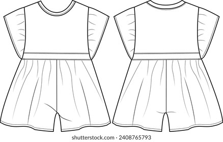 BABY GIRL WEAR BUTTERFLY SLEEVE JUMPSUIT FRONT AND BACK FASHION FLAT DESIGN VECTOR ILLUSTRATION