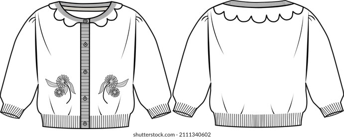 BABY GIRL WEAR SWEATER WITH BUTTONS VECTOR FLAT FRONT AND BACK SKETCH