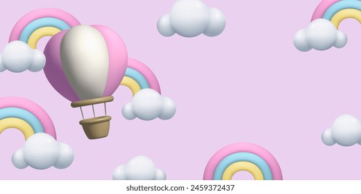 Baby girls 3d vector background with pink sky, flying air ballon and cute rainbows. Three dimensional clay style children banner with copy space.