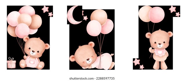 Baby girls art posters cute cuddly teddy bear and balloon  design composition in trendy contemporary collage style, for wall art decoration, postcard, cover design