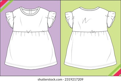 BABY GIRLS BINDING CREW NECK WITH FLOWER SLEEVE SKIRT DRESS FLAT SKETCH FASHION TEMPLATE TECHNICAL ILLUSTRATION