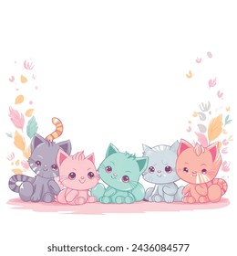 Baby girls and baby boys cartoon doodle hand drawn beautiful funny frame border pattern with cute kittens and place for text. Vector fun background with little cats. Isolated design. For babies.