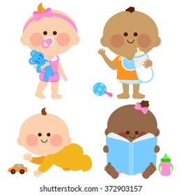 Baby girls and boys playing, drinking milk, crawling and looking at a book. Vector illustration