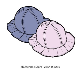 	
Baby girls bucket hats flat sketch vector mockup template.