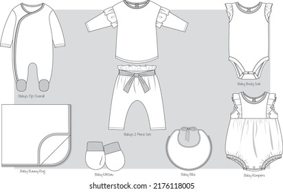 Baby Girls clothings set flat sketch