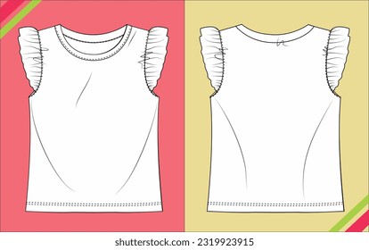 BABY GIRLS CREW NECK WITH FLOWER CUFF SLEEVE TEE FLAT SKETCH FASHION TEMPLATE TECHNICAL ILLUSTRATION