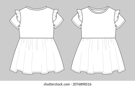 Baby girls dress design technical Flat sketch vector illustration template. Apparel clothing Mock up front and back views Isolated on Grey Background. Kids Fashion vector Art drawing easy editable.