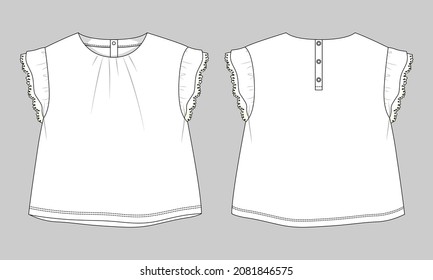 Baby girls dress design technical Flat sketch vector illustration template. Apparel clothing Mock up front and back views Isolated on Grey Background. Kids Fashion vector Art drawing easy editable.