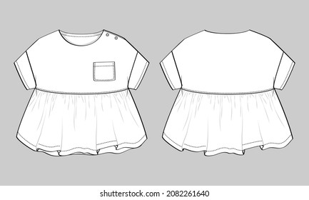 Baby girls dress design technical Flat sketch vector illustration template. Apparel clothing Mock up front and back views Isolated on Grey Background. Kids Fashion vector Art drawing easy editable.