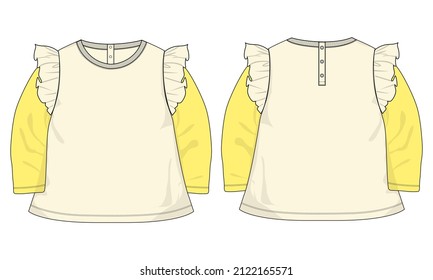  Baby girls dress design technical Flat sketch vector illustration template. Apparel clothing Mock up front and back views Isolated on White Background.
