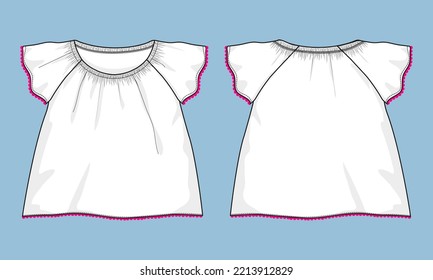 Baby girls dress design technical Flat sketch vector illustration template. Apparel clothing Mock up front and back views Isolated on Sky blue Background. Kids Fashion design vector Art drawing 