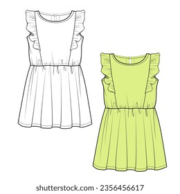 Baby girls dress design technical drawing fashion  Flat sketch vector illustration template.