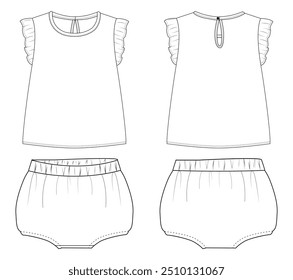 Baby girls dress design technical Flat sketch KIDS WEAR TEE AND SHORT PAJAMA SET FASHION FLAT DESIGN VECTOR illustration template