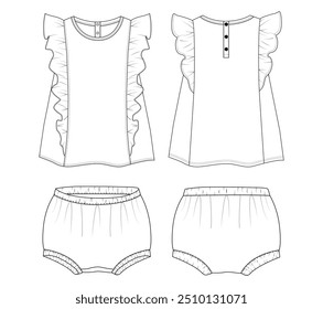 Bebês meninas vestido design técnico Desenho plano CRIANÇAS VESTIR TEE E PEQUENO PIJAMA CONJUNTO MODA PLANO DESIGN VETOR modelo ilustração