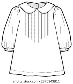 baby girls dress peter pan collar gathered puff sleeve shirt dress flat sketch vector illustration technical cad drawing template