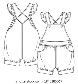 Baby Girls dungaree fashion flat sketch template. Kids Jumpsuit Overall Technical Fashion Illustration. Frill detail at straps