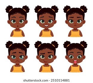 Baby girl's emotions - set. Cute beautiful girl smiling, angry, sad. Vector illustration