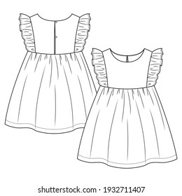 Baby Girls Frill vestido de moda de manga, plantilla de sketch plano. Ilustración técnica de la moda de las niñas lactantes. Apertura del botón Atrás