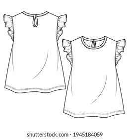 Baby Girls Frill sleeves Top fashion flat sketch template. Girls Kids Technical Fashion Illustration. Back Keyhole opening. Neck Binding.