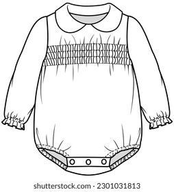 baby girls long sleeve peter pan collar romper flat sketch vector illustration technical cad drawing template