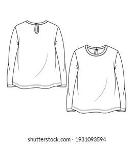 Baby Girls long sleeves flare Top fashion flat sketch template. Girls Technical Fashion Illustration. Back Keyhole opening