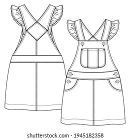 Baby Girls Pinafore fashion flat sketch template. Kids Jumper Dress Technical Fashion Illustration. Frill detail at straps. Front pocket