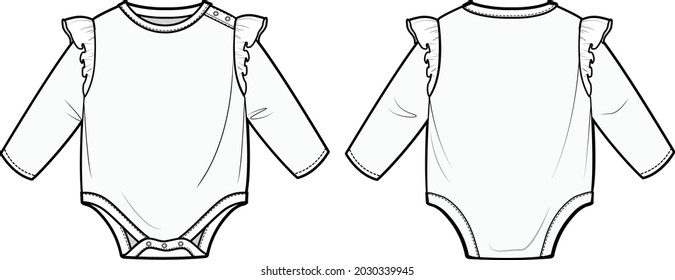 Baby Girl's Romper Bodysuit Front and Back View fashion illustration vector, CAD, technical drawing, flat drawing.