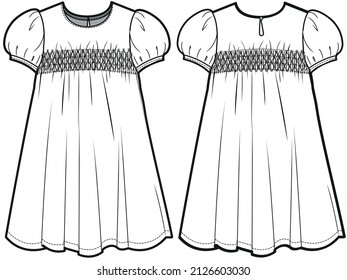 Baby Girl's Round Neck Smocked Puff Short Sleeve Frock Dress Front und Back View. Modegrafik-Vektorgrafik, CAD, technische Zeichnung, Flachzeichnung.