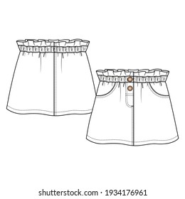 Baby Girls Short Skirt fashion flat sketch template. Technical Fashion Illustration. Woven CAD