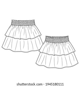 Baby Girls Short Skirt fashion flat sketch template. Technical Fashion Illustration. Smocking elastic waist effect. Layered Frills