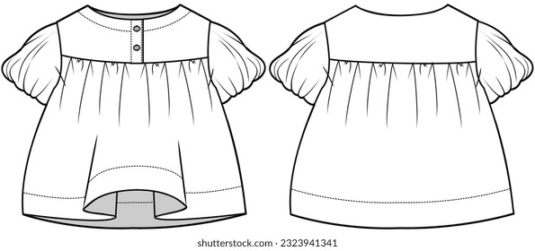 baby girls short sleeve smocked dress flat sketch vector illustration technical cad drawing template