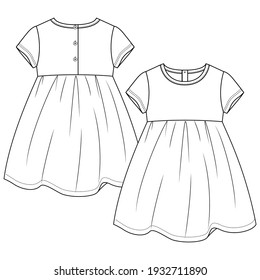 Baby Girls Short sleeves dress  fashion flat sketch template. Girls Empire waist Dress Technical Fashion Illustration. 
