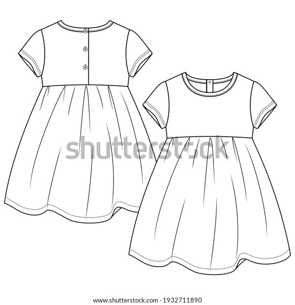 Baby\
Girls Short sleeves dress  fashion flat sketch template. Girls\
Empire waist Dress Technical Fashion Illustration.\
