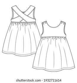 Baby Girls sleeveless dress fashion flat sketch template. Girls Kids Top Technical Fashion Illustration. Strap crossing over at back